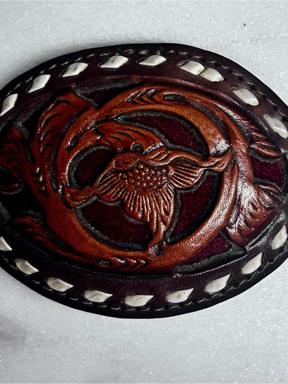 Vintage ~Hand-Tooled Brown Floral Leather Backstitching Belt Buckle W/Red Inlay